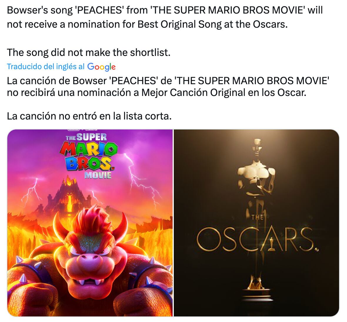 Super Mario Bros.: La Película se queda sin nominación a los Premios Oscar 2024