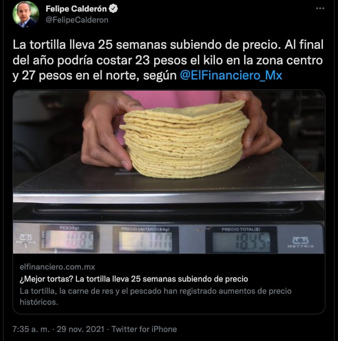 Felipe Calderón teme que el precio de la tortilla sea de 27 pesos al final del año