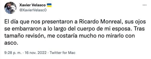Xavier Velasco acusa que Ricardo Monreal acosó a su esposa