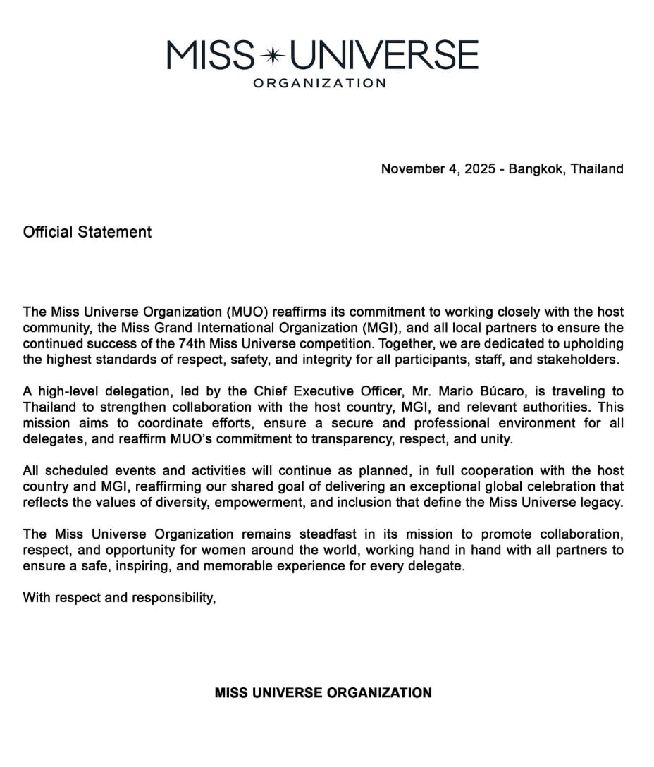 Miss Universo 2025 publica comunicado tras el altercado entre Fátima Bosch y un directivo