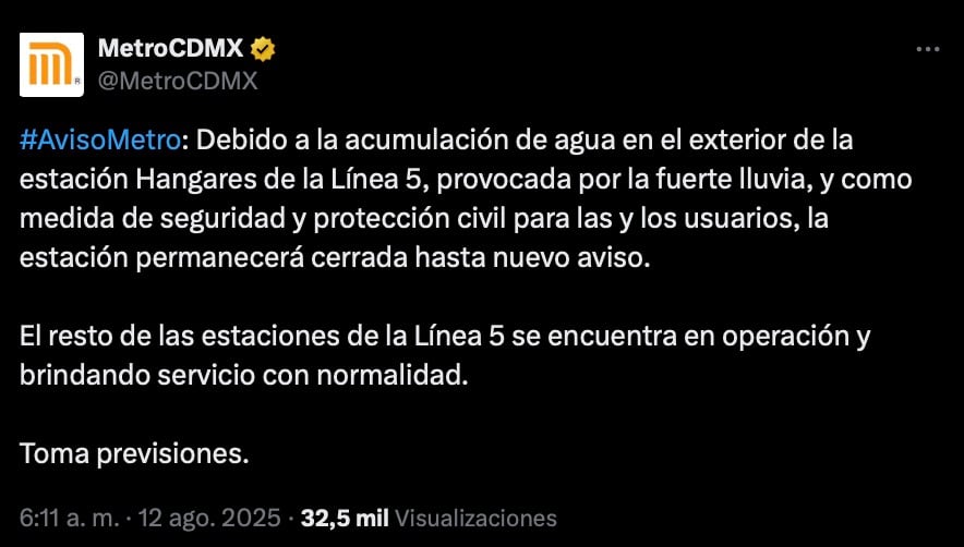 Estación Hangares del Metro CDMX cierra hasta nuevo aviso por lluvias