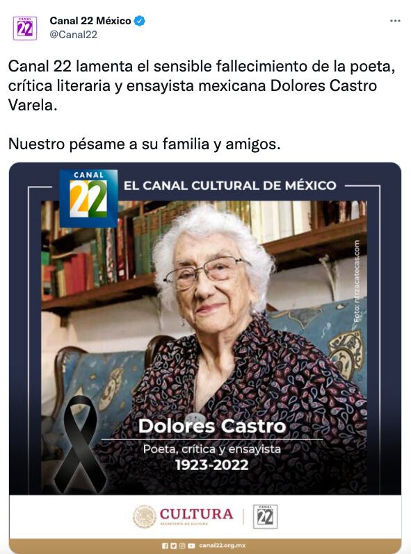 Canal 22 lamenta la muerte de Dolores Castro Varela