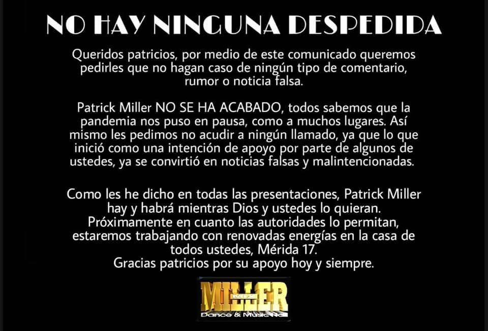 Comunicado oficial Patrick Miller.