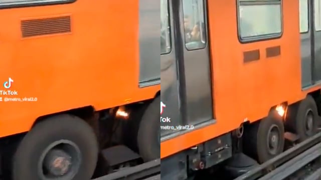 Tren de la Línea 3 de Metro avanza mientras se quema una de sus llantas