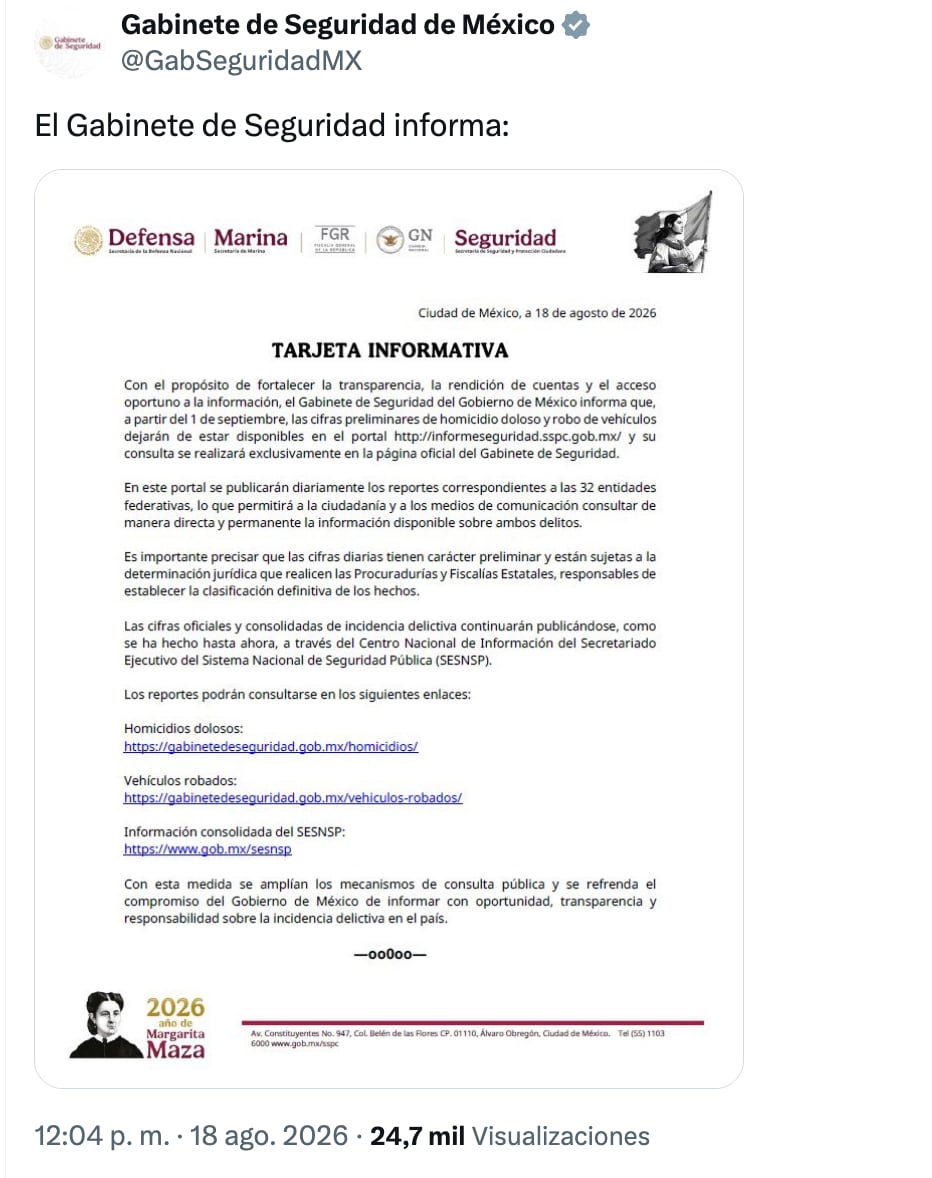 Gabinete de Seguridad anuncia cambio de portal de cifras de homicidios
