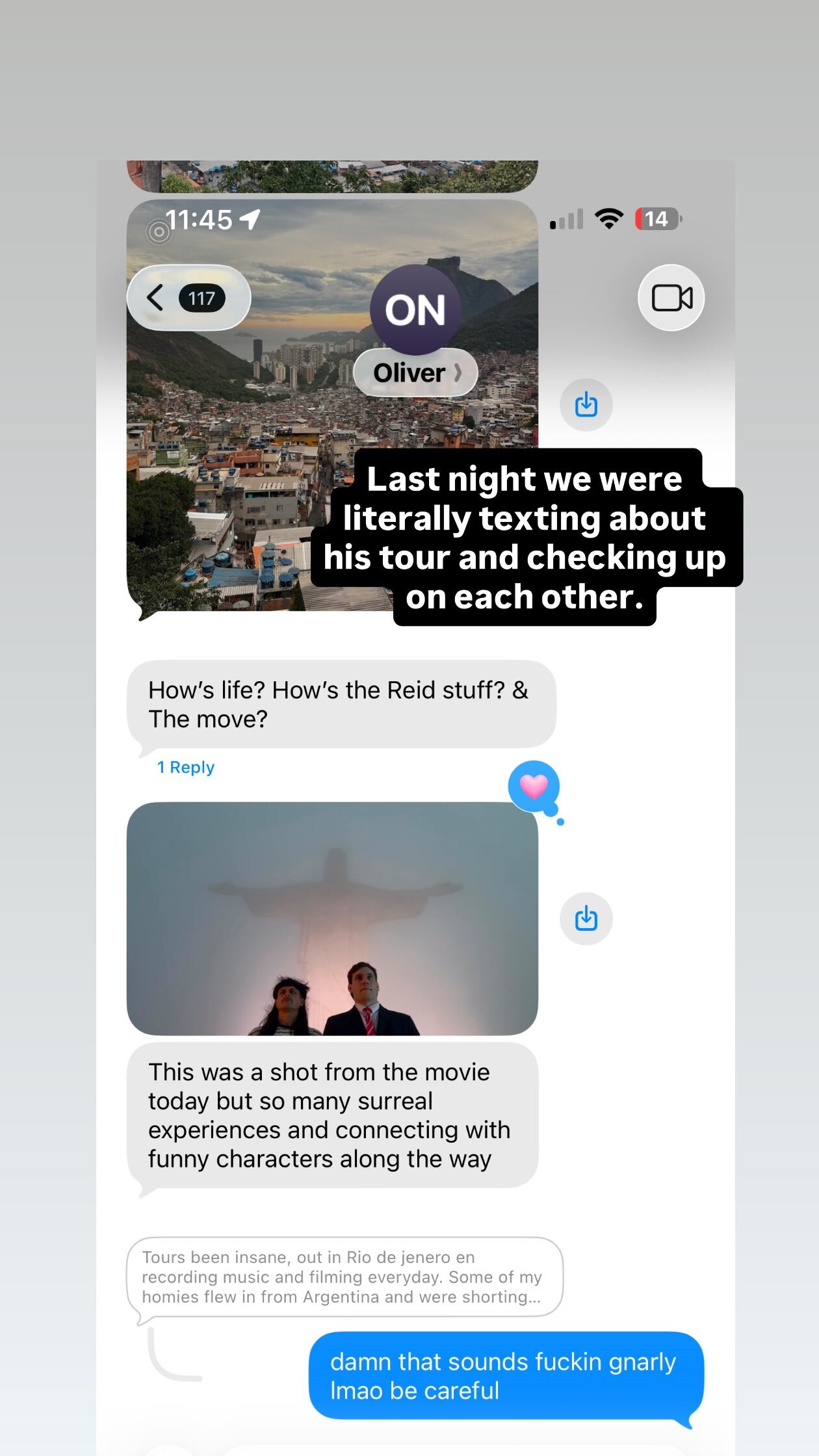 Esta es la última foto de Oliver Tree junto a Gaspi en Río de Janeiro, Brasil