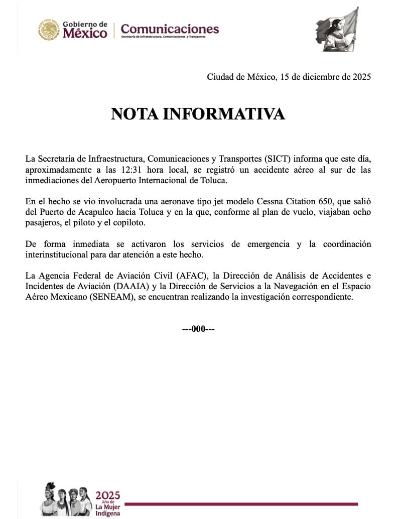 SICT confirma cuántos pasajeros viajaban en el jet privado accidentado en Toluca