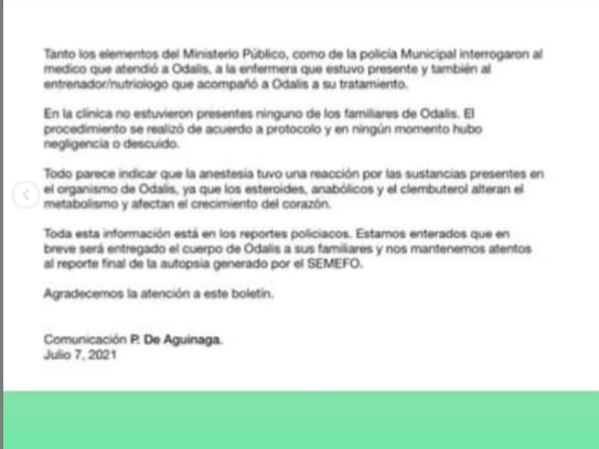Comunicado de 'Skin Piel', clínica en donde murió Odalis Santos Mena.