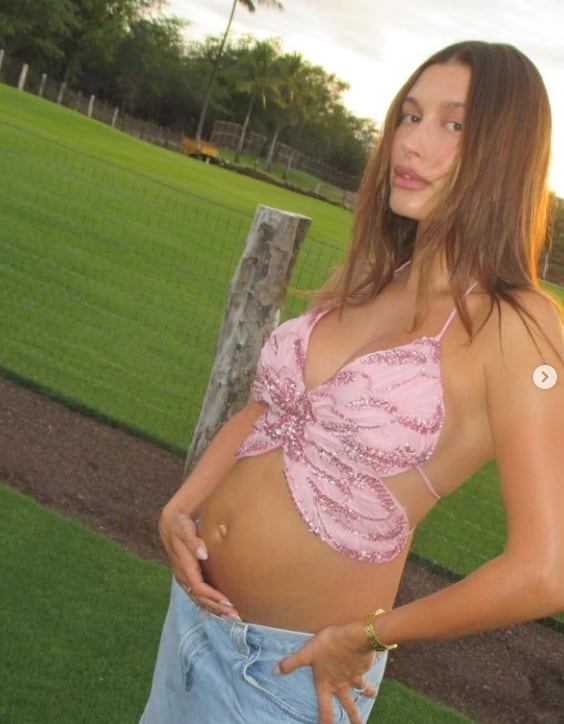 Hailey Bieber presume su pancita de embarazo con un top de mariposas