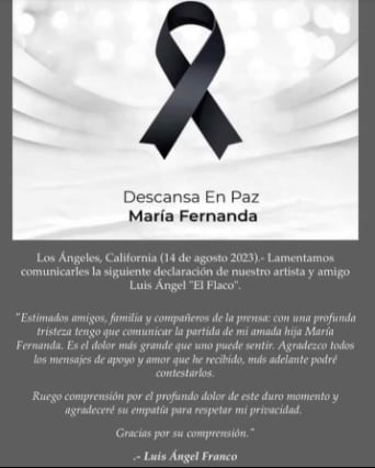 Luis Ángel El Flaco lamenta la muerte de su hija María Fernanda