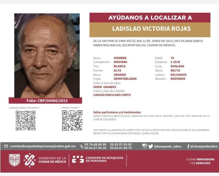 Ladislao Victoria, adulto mayor desaparecido en Azcapotzalco