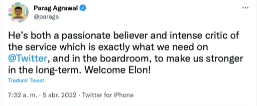 Parag Agrawal, CEO de Twitter sobre la unión de Elon Musk en al red social/@paraga