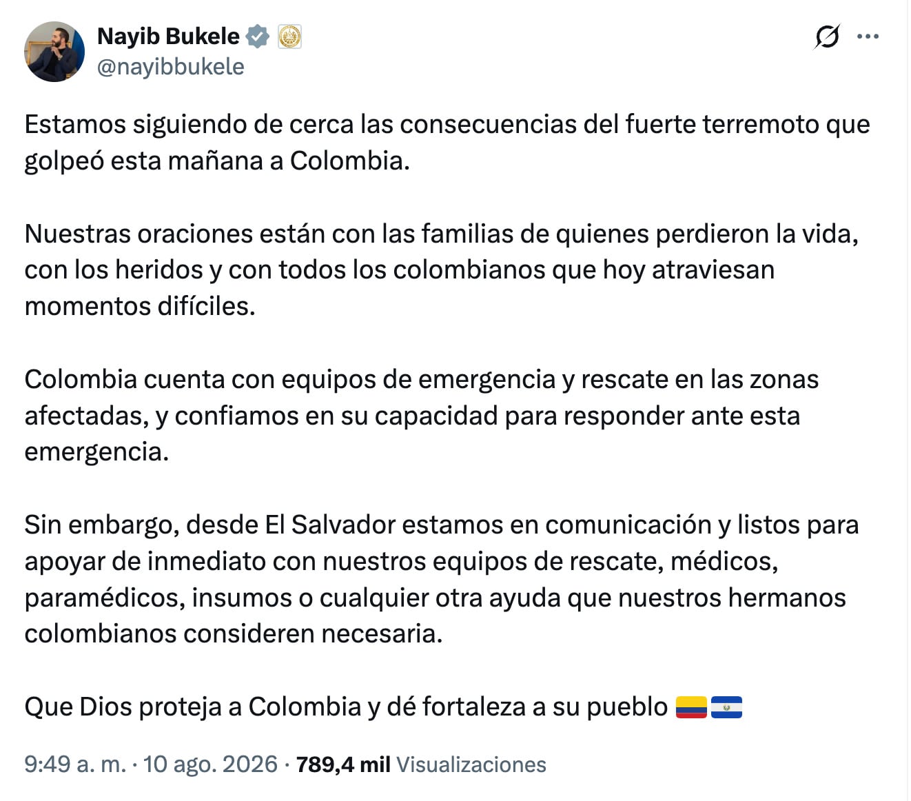 “Estamos listos para apoyar”: Bukele responde al terremoto en Colombia