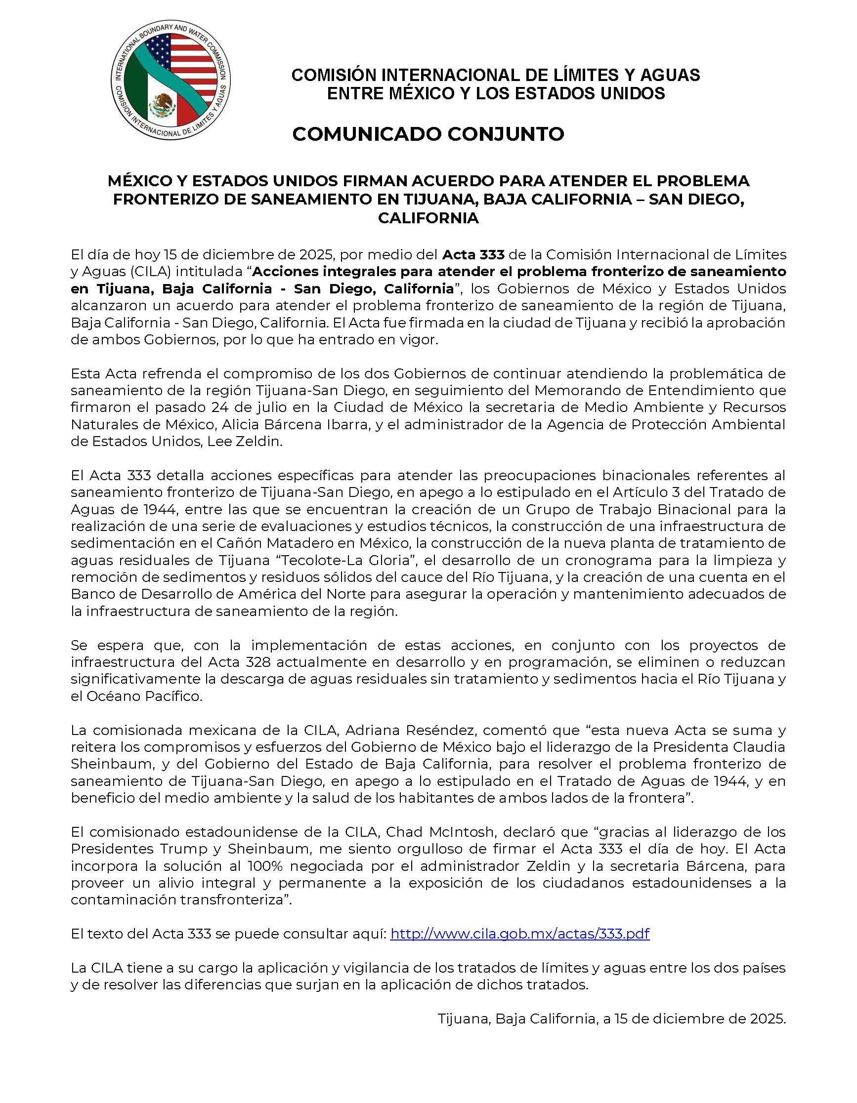 México y Estados Unidos firman el Acta 333 para atender la crisis de aguas residuales del río Tijuana