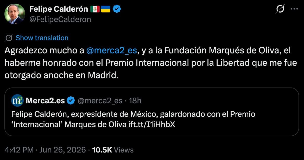 Felipe Calderón es galardonado en España con el Premio Marqués de Oliva
