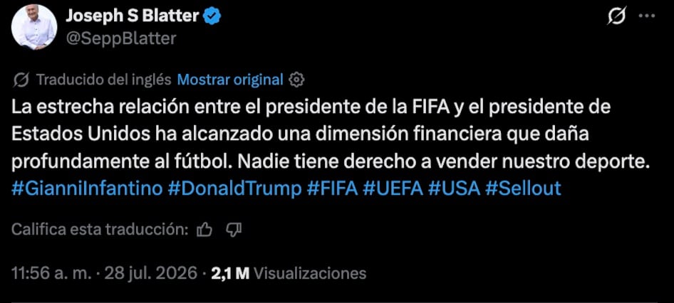Joseph Blatter critica a Gianni Infantino