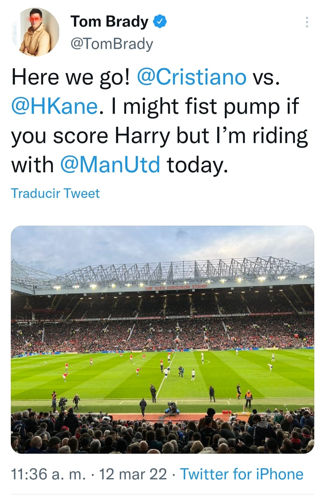 Tom Brady viajó a Inglaterra para ver el partido entre el Manchester United y el Tottenham Hotspur.