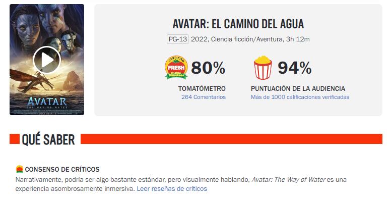Calificación de Avatar 2 en Rotten Tomatoes