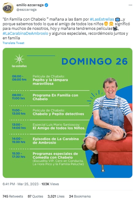 Programación y horarios de En Familia con Chabelo por la muerte de Xavier López