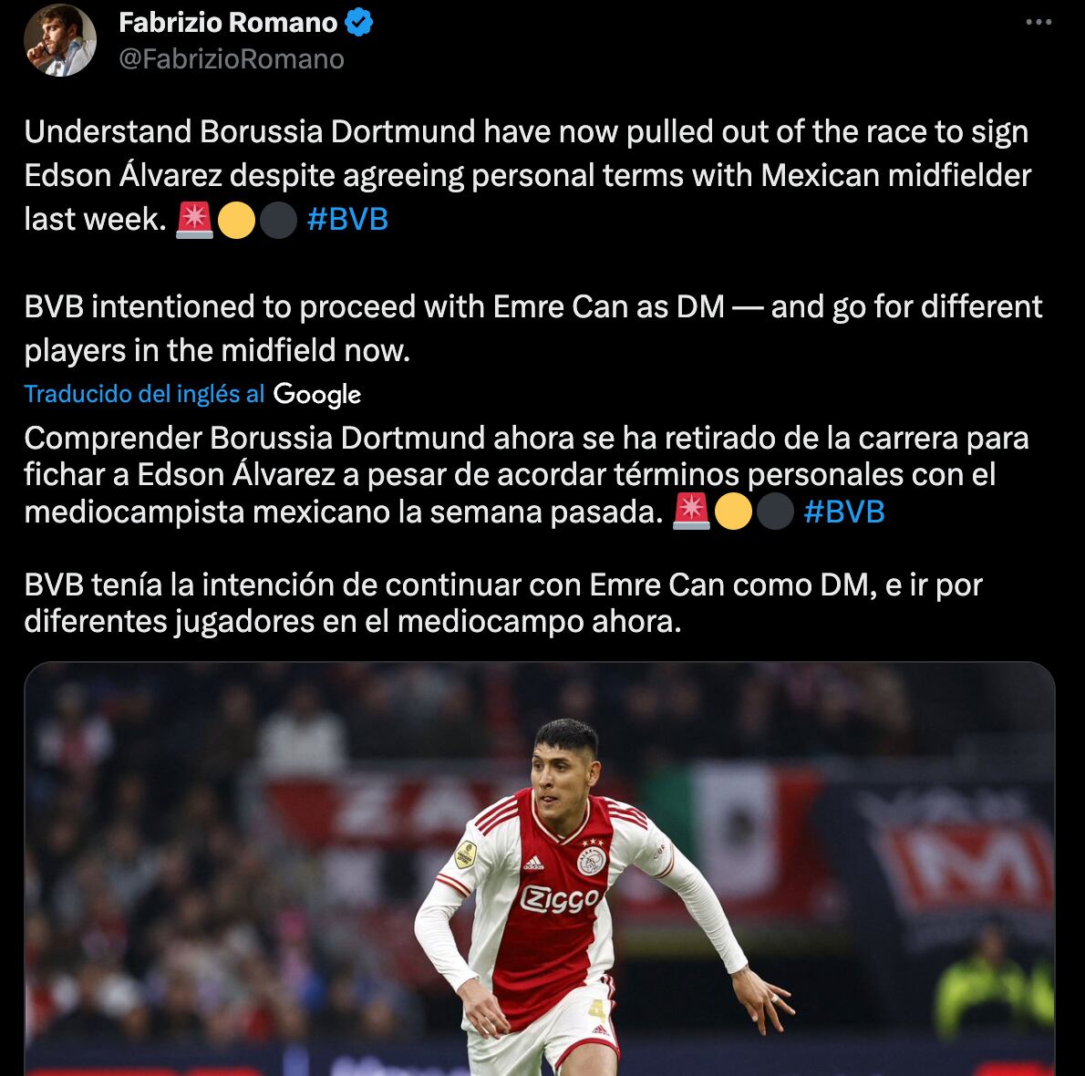 Fabrizio Romano sobre Edson Álvarez
