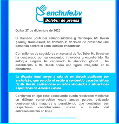 EnchufeTV divulga que Mr Beast los demandó por un sketch.