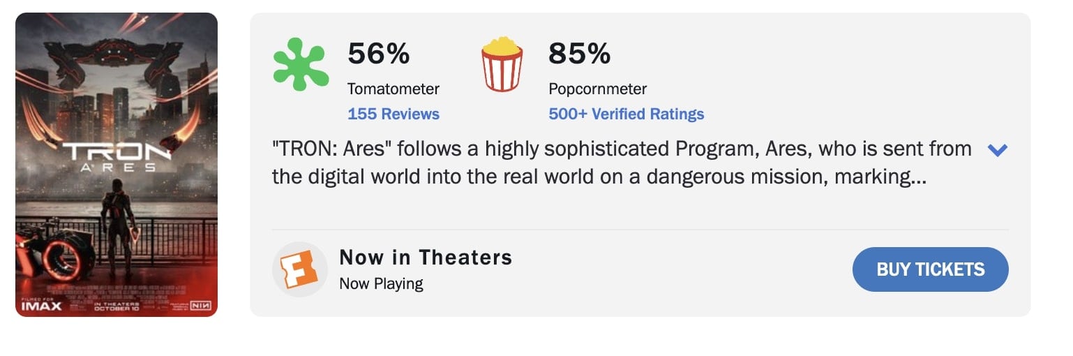 Calificación Tron: Ares en Rotten Tomatoes