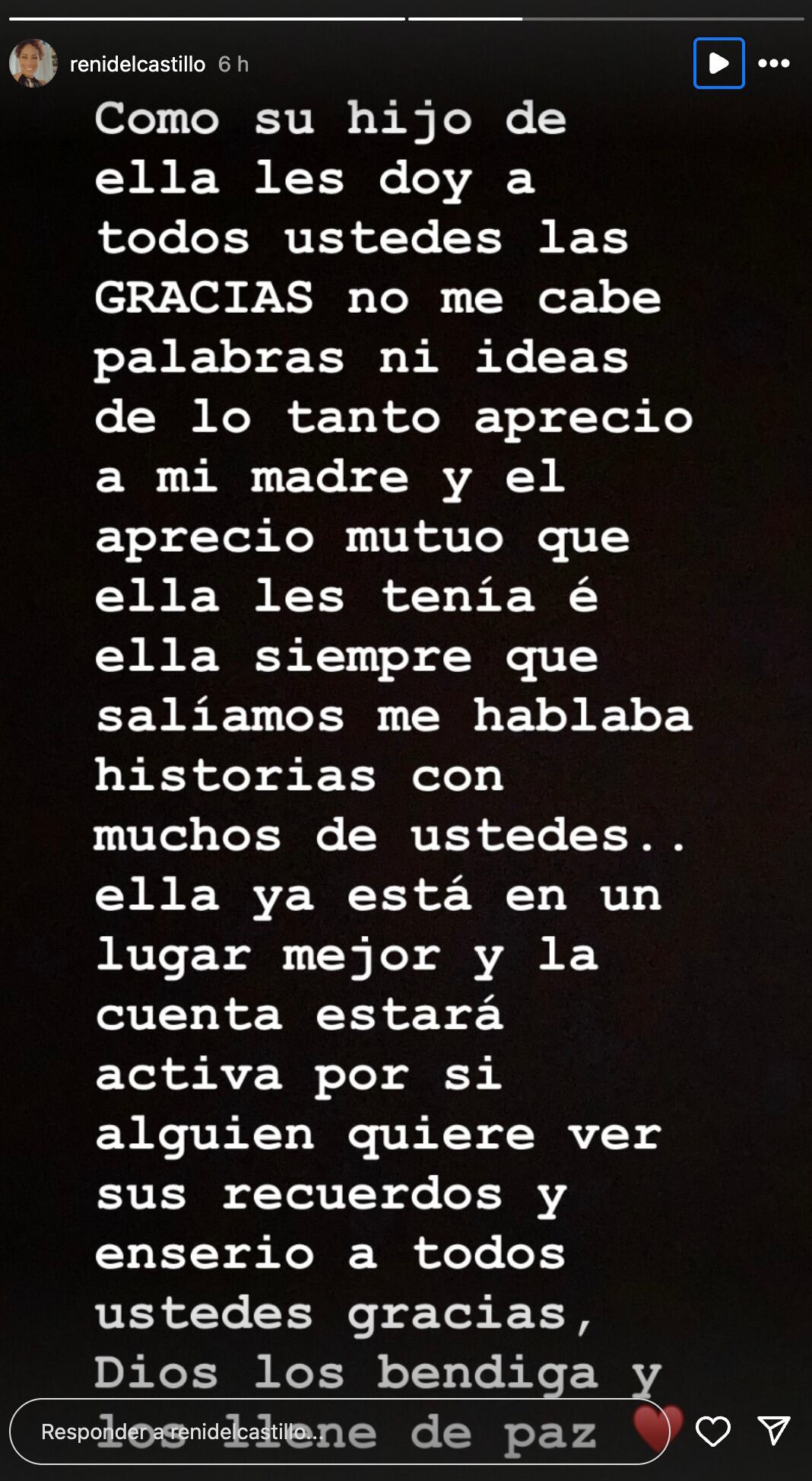 Hijo de Renata del Castillo le dedica un mensaje en Instagram