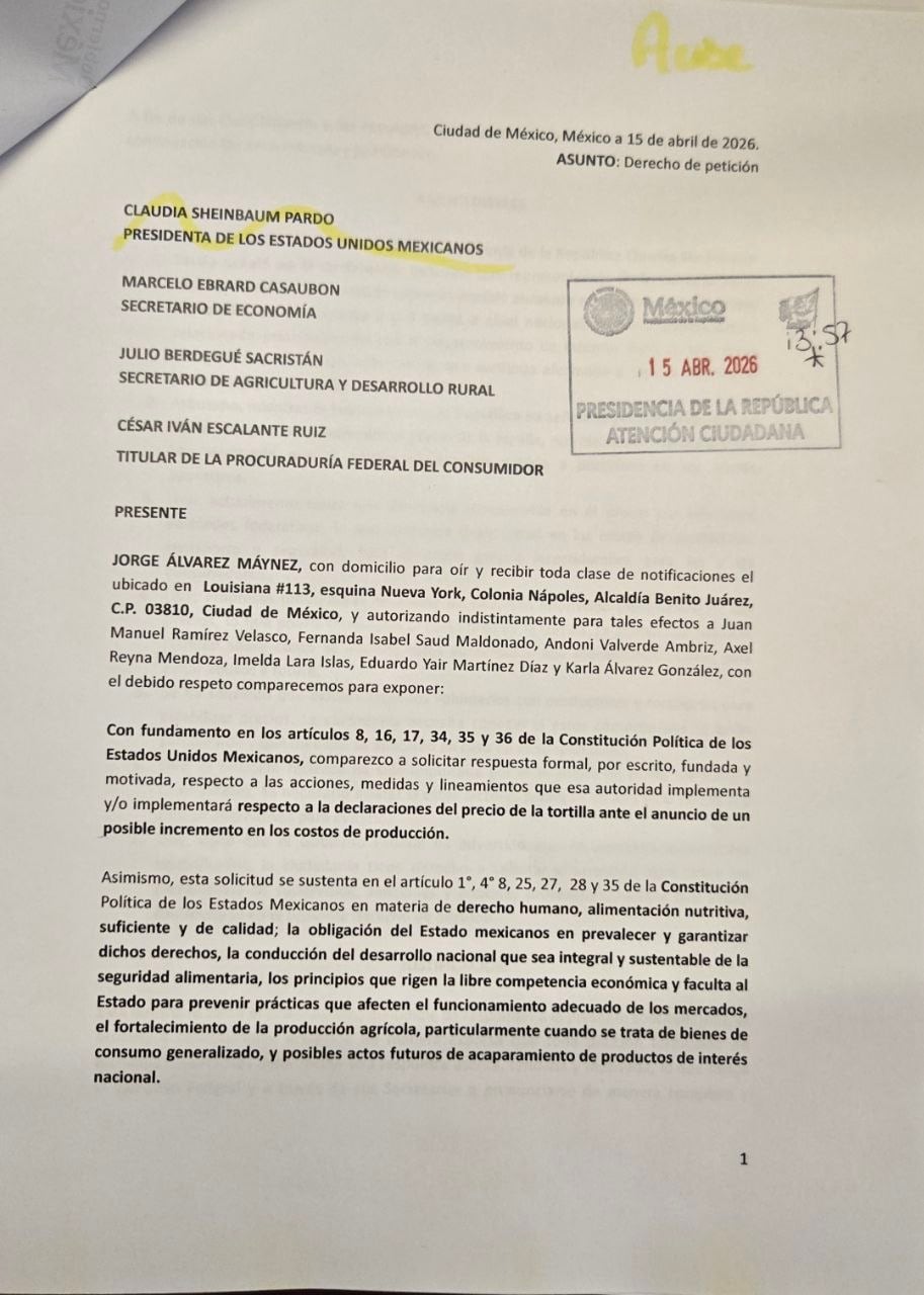 Jorge Álvarez Maynez pide 5 acciones Claudia Sheinbaum por el precio de la tortilla.