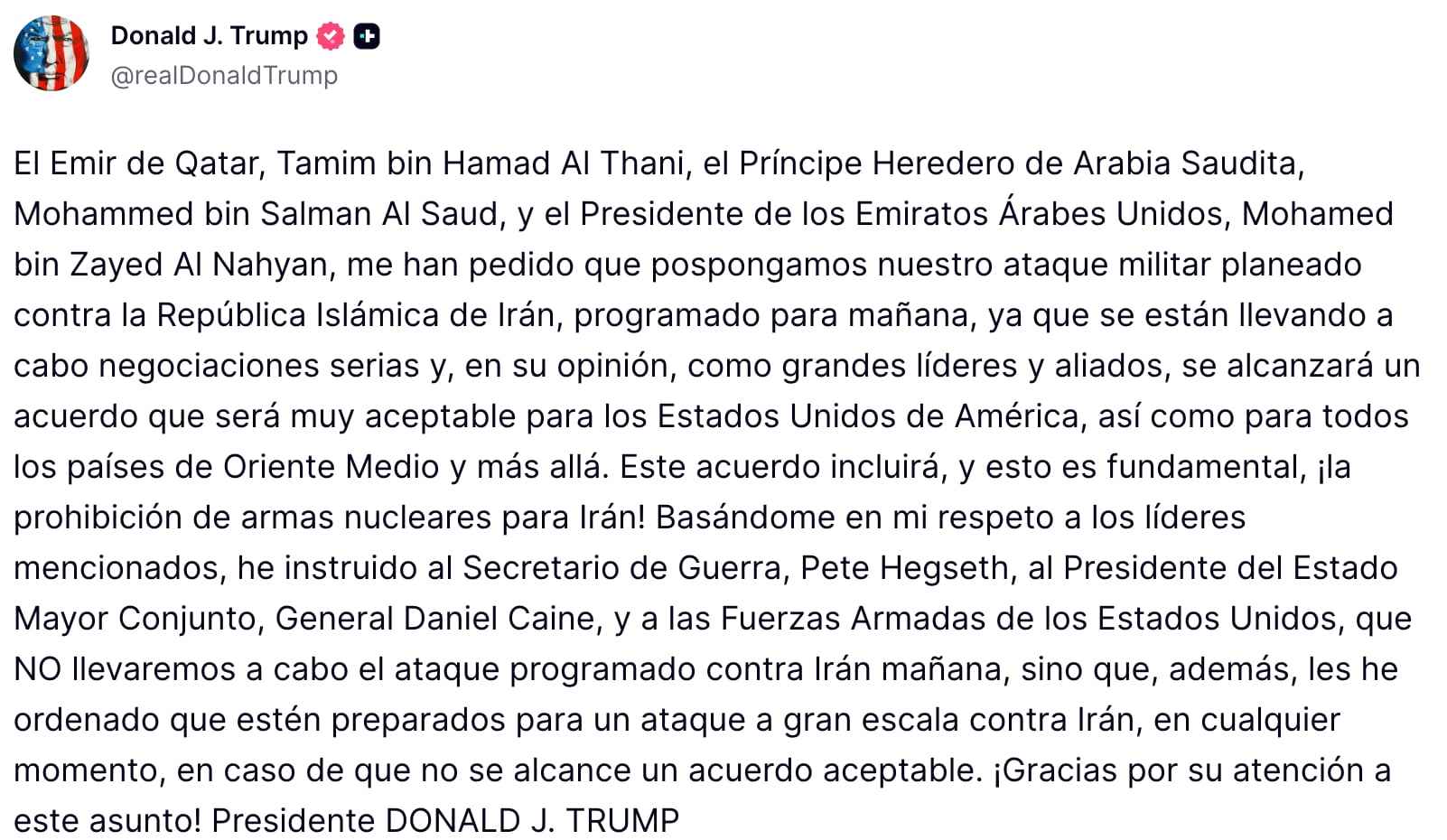 Donald Trump colocó una declaración en Truth Social, revelando un ataque contrab Irán