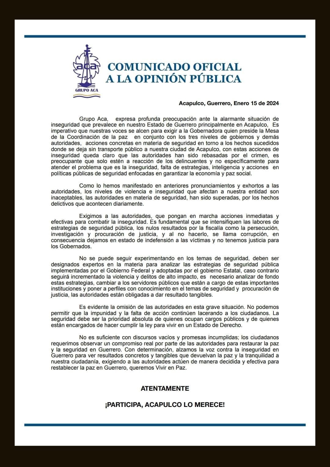 Grupo Aca exige seguridad en Acapulco