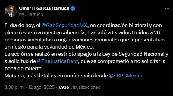 México deportó a 26 líderes del narcotráfico a Estados Unidos, estas son las razones