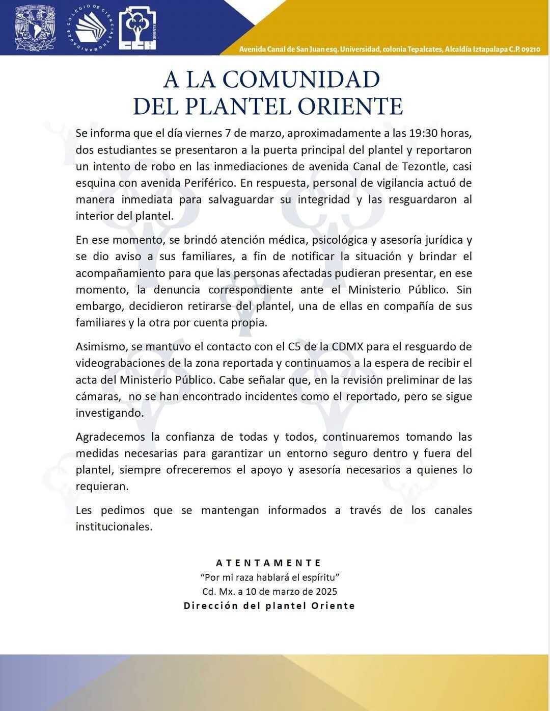 Comunicado CCH Oriente