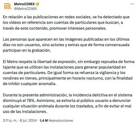 Metro CDMX responde a quejas por video porno de Luna Bella