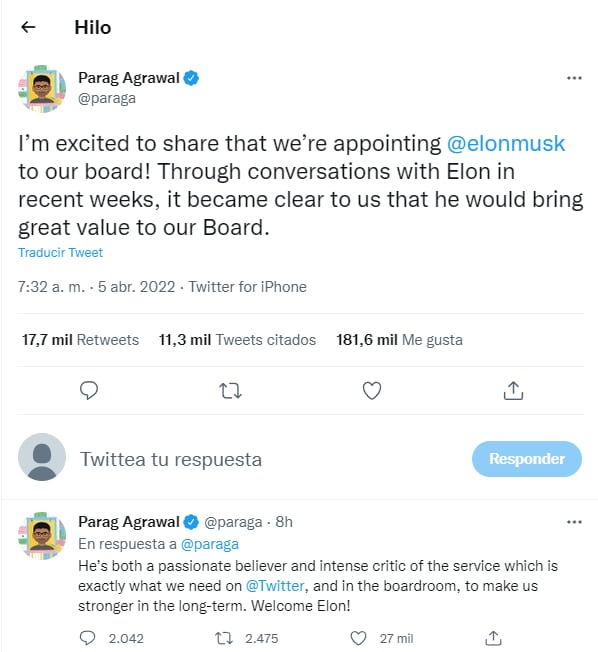 Tweet de Parag Agrawal sobre el nombramiento de Elon Musk
