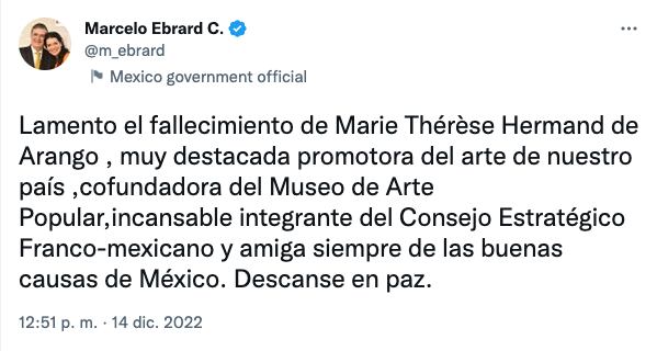 Marcelo Ebrard lamenta la muerte de Marie Thérèse Hermand