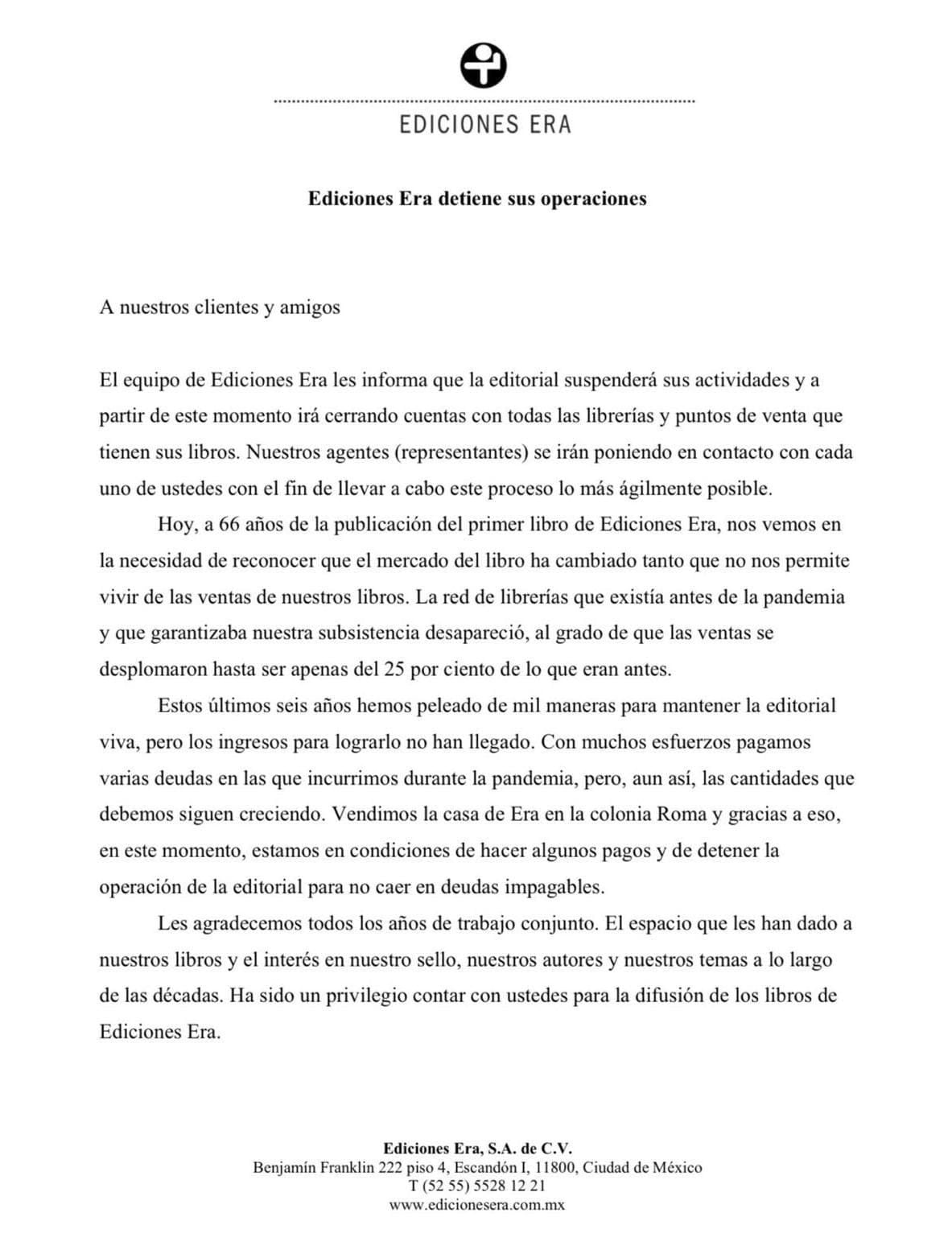 Ediciones Era anuncia su cierre tras desplome de ventas