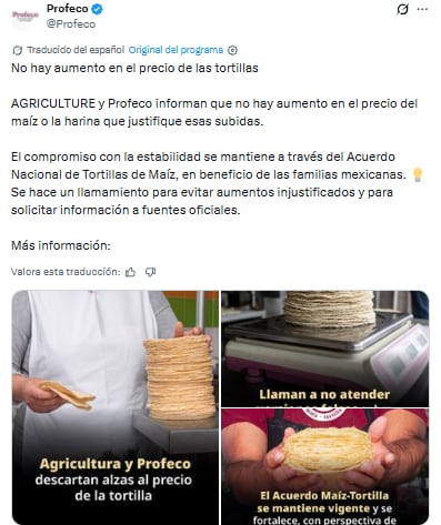 Profeco y Agricultura descartan alza en el precio de la tortilla