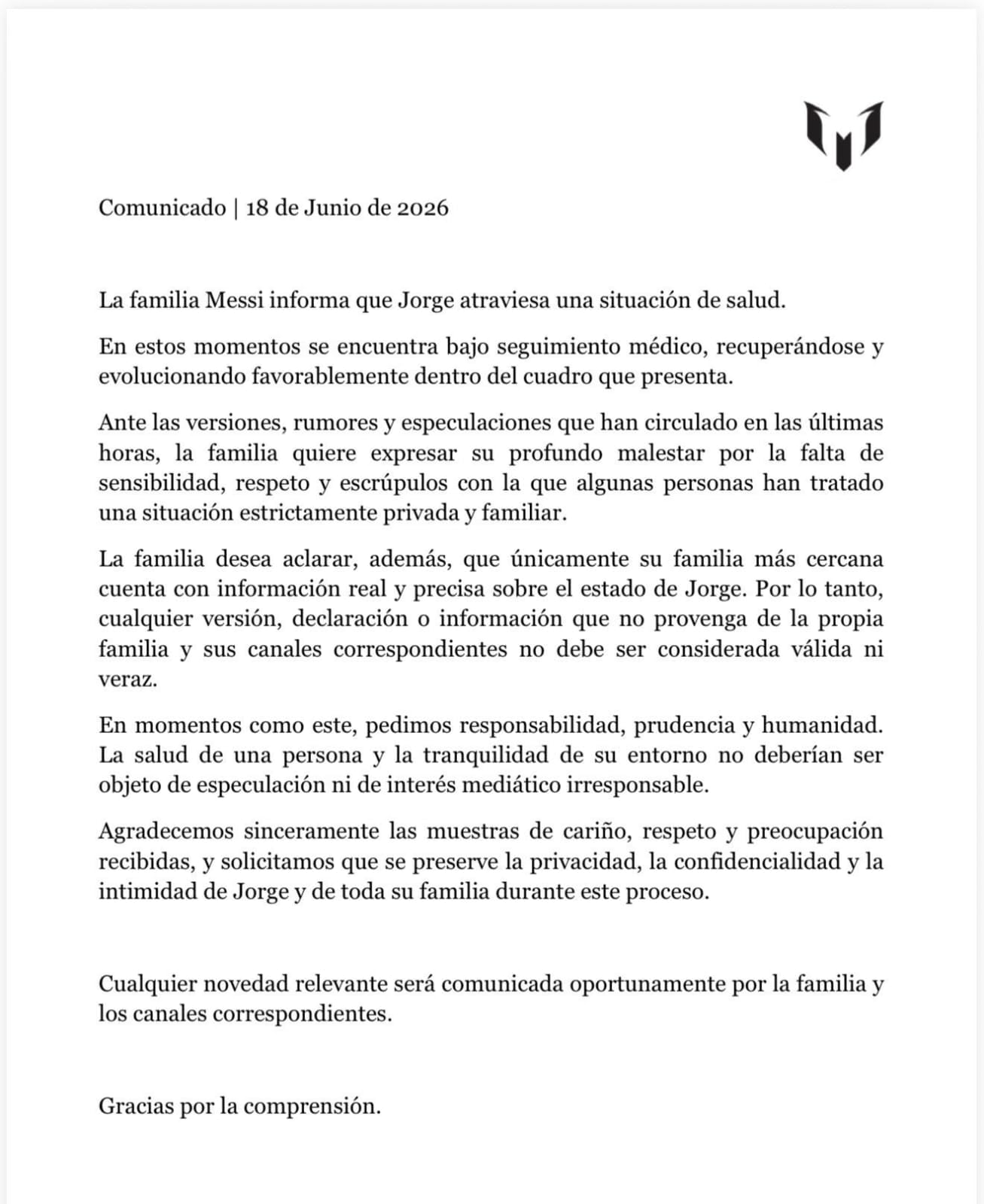 La familia Messi publicó un comunicado sobre el problema de salud del padre de Lio Messi