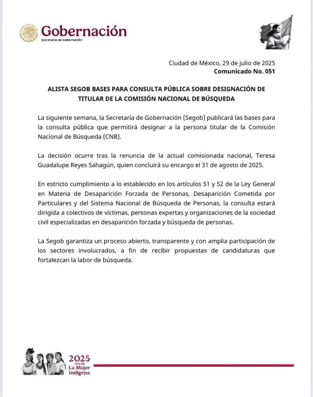 Teresa Guadalupe Reyes Sahagún renuncia a la Comisión Nacional de Búsqueda.