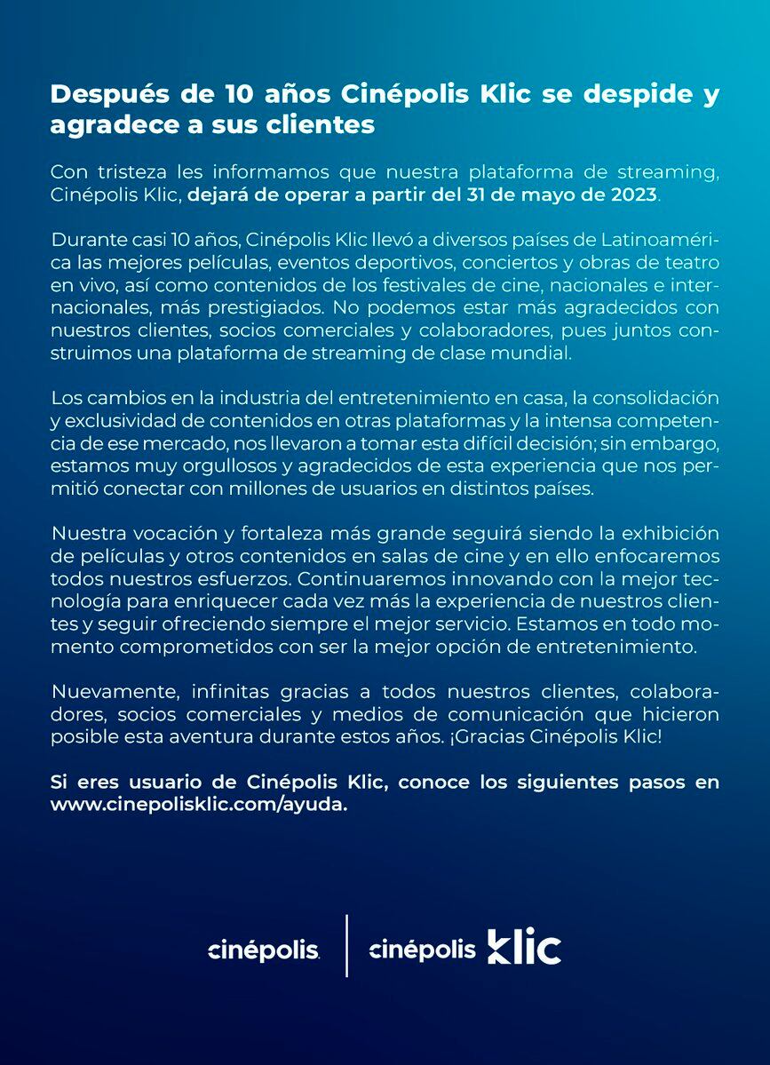 Cinépolis Klic cierra su plataforma de streaming tras una década