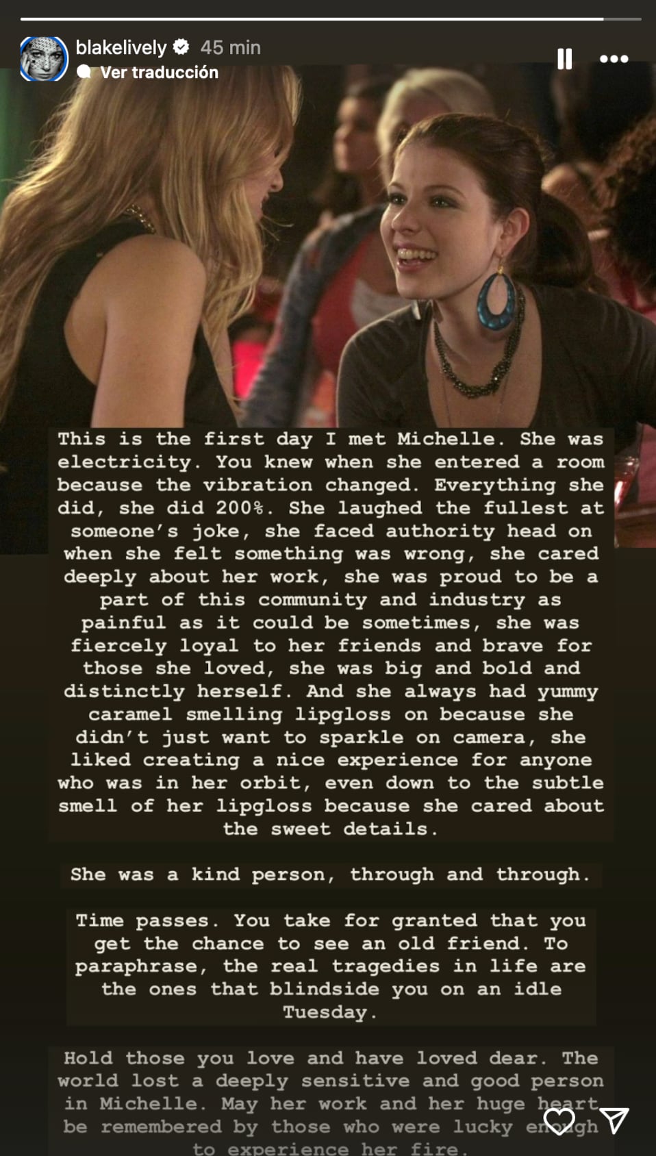 Blake Lively, actriz de Gossip Girl comparte emotivas palabras a Michelle Trachtenberg