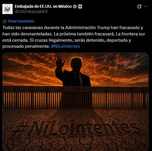 Embajada de EU afirma que fracasan las caravanas migrantes bajo Trump
