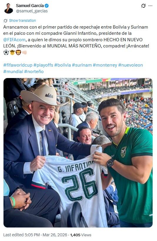 Samuel García presume foto con Infantino en repechaje rumbo al Mundial 2026
