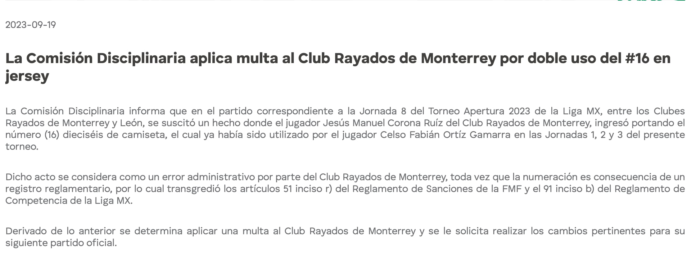 Comisión Disciplinaria castiga a Rayados por Tecatito Corona