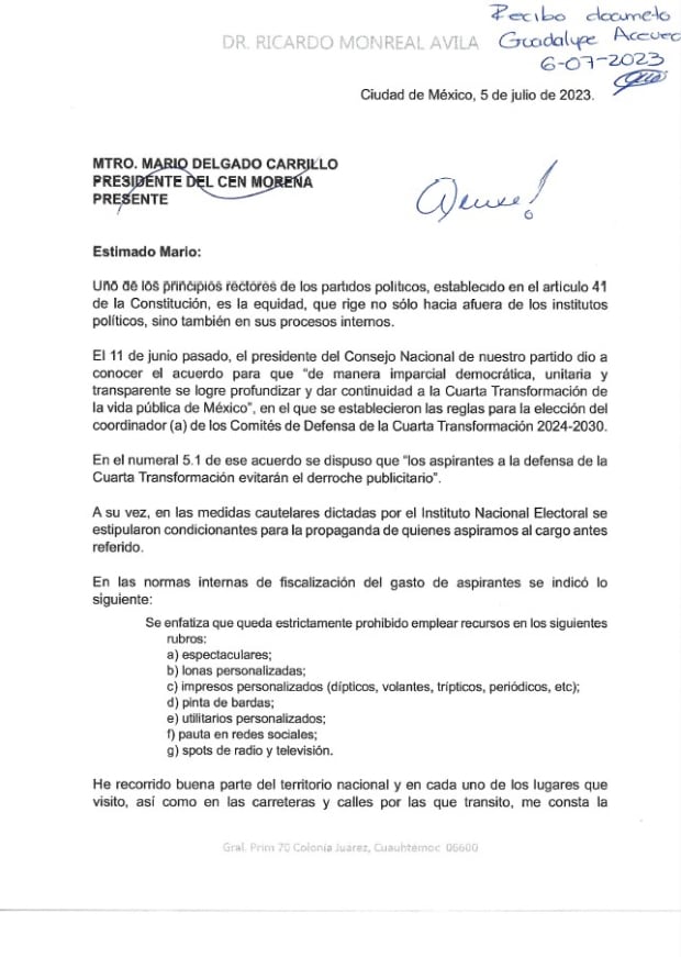 Carta de Ricardo Monreal