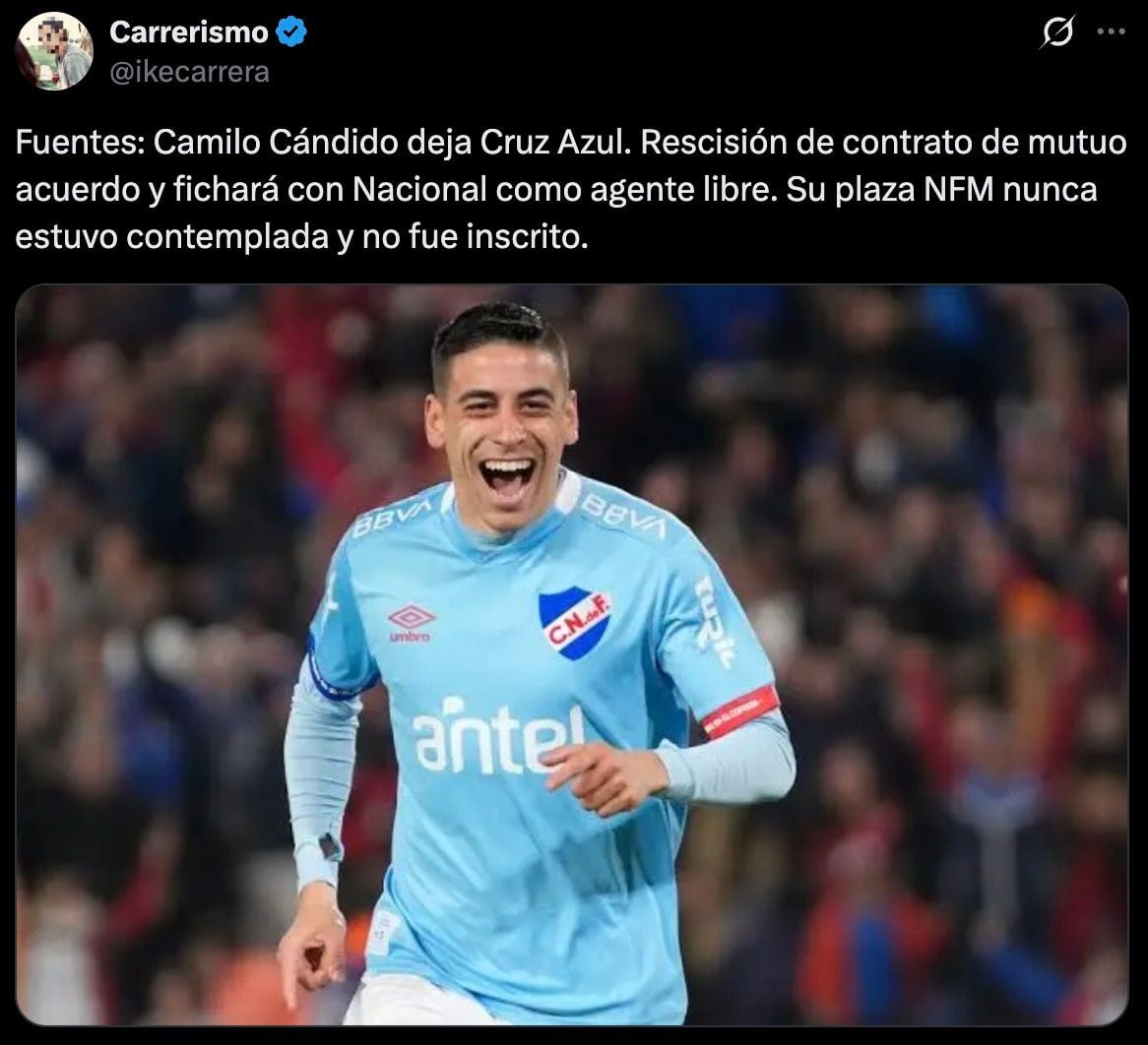 Camilo Cándido sale de Cruz Azul y fichará con Nacional como agente libre.