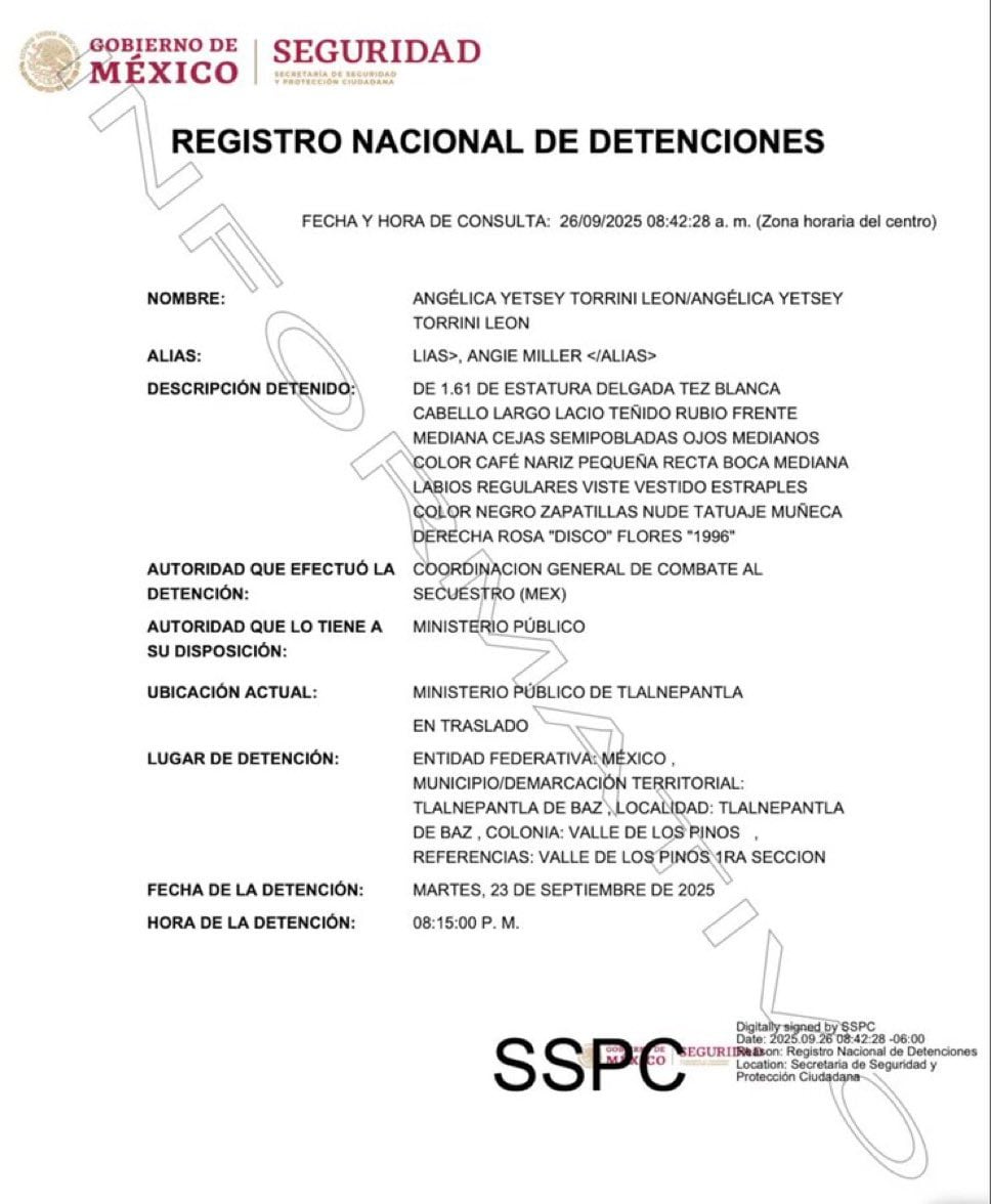 Detención de Angie Miller del Registro Nacional de Detenciones
