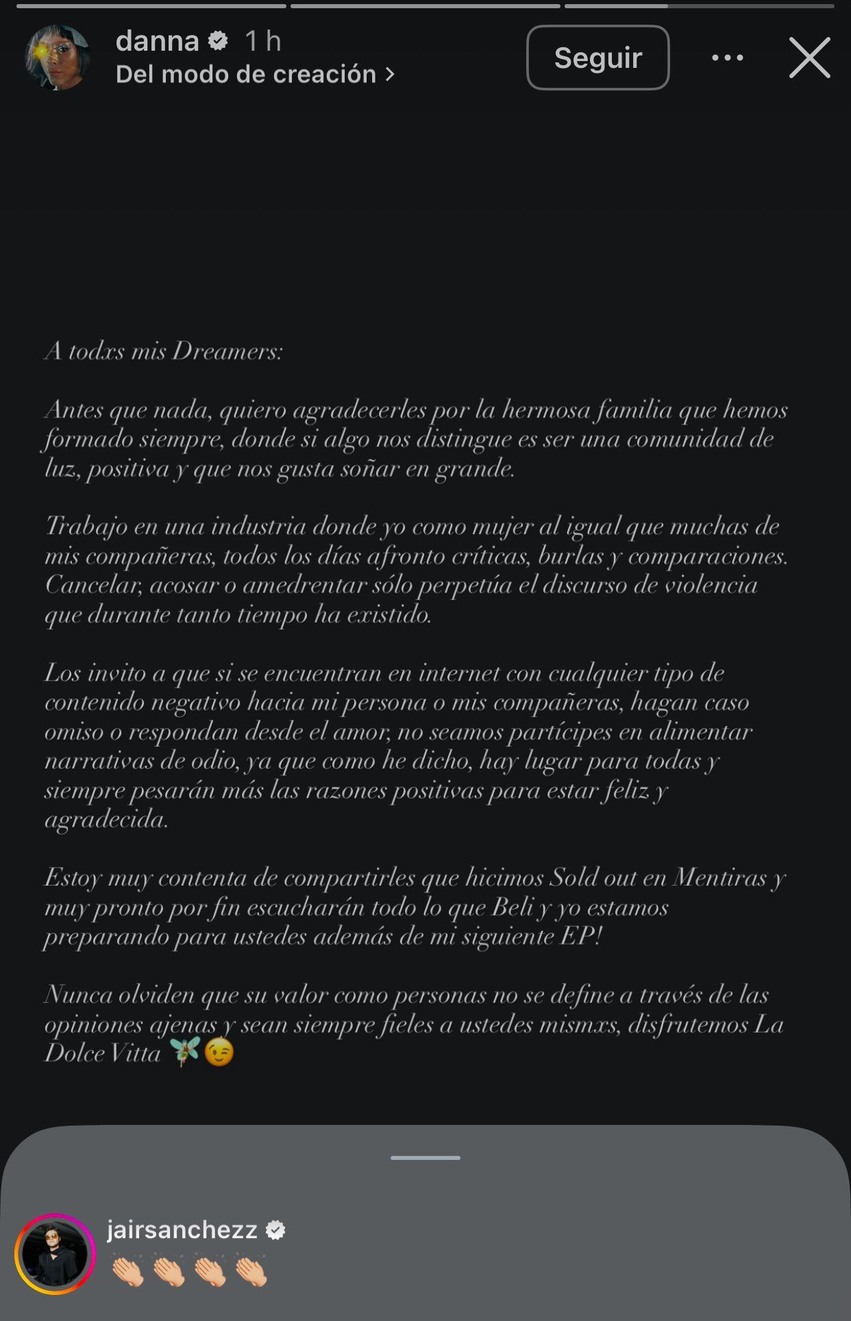 Danna Paola publicó un comunicado sobre el hate que Belinda está recibiendo y pidió pararlo