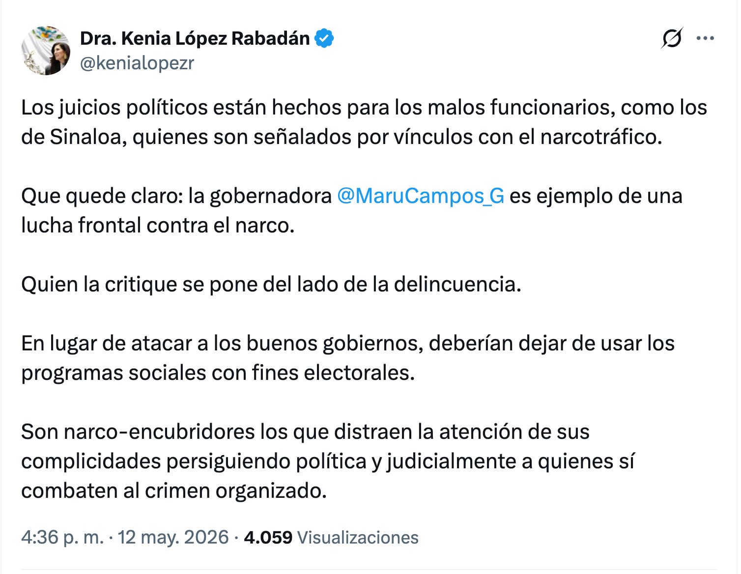 Kenia López Rabadán defiende a Maru Campos por juicio político