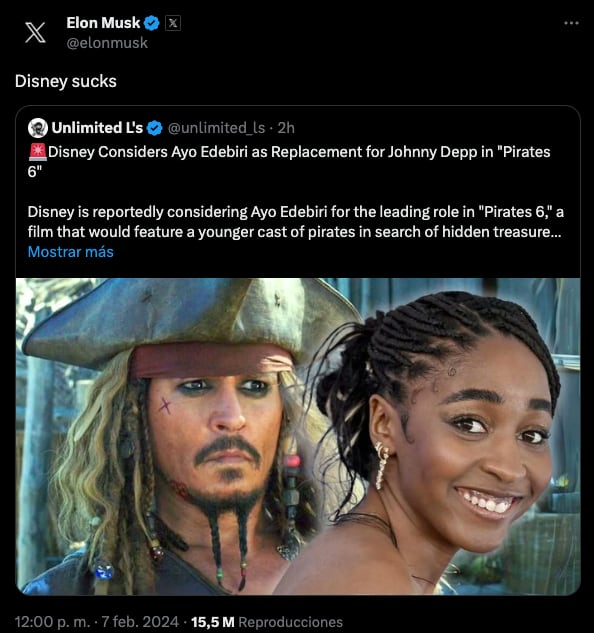 Elon Musk se molesta con Disney porque busca que una actriz afroamericana reemplace a Johnny Depp